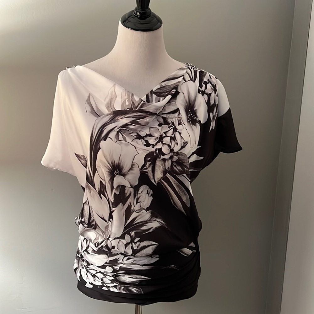 White House, Black market Floral drape neck top. Size medium